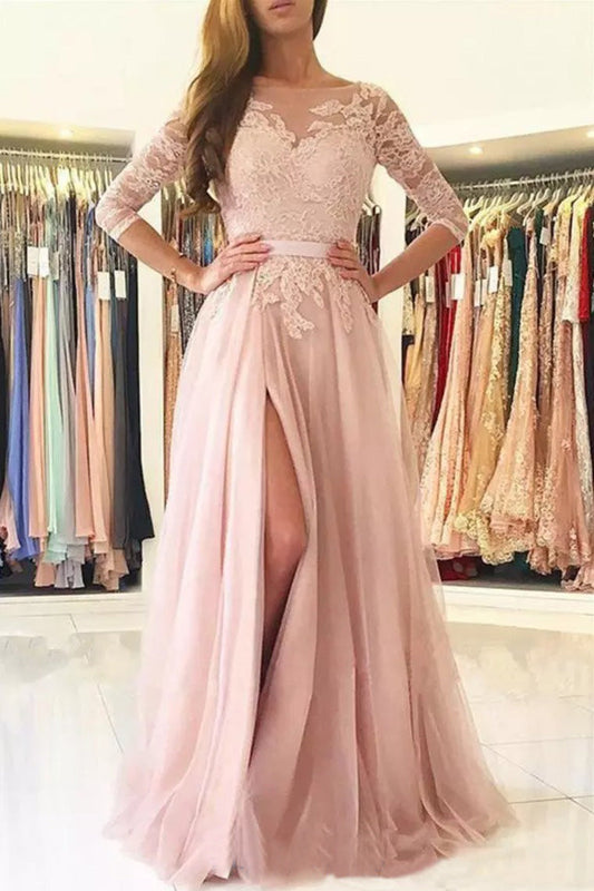 Long Sleeve Pink A-Line Side Slit Prom Dress - Princess, PD2303288