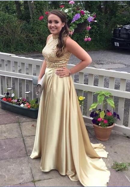 Gold A-Line Satin Prom Dress - Princess, PD2303286
