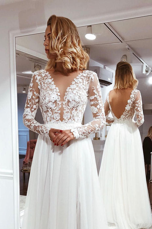 Ivory Lace Long Sleeves A-Line Wedding Dress with V-Neck and Open Back, WD230226100