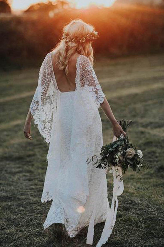 Rustic Ivory Sheath Boho Lace Wedding Dress with  Batwing Sleeve, WD2302277