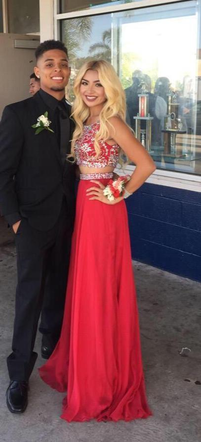 Red Chiffon 2 Piece Prom Gown with Sparkle Details E26, PD2303015