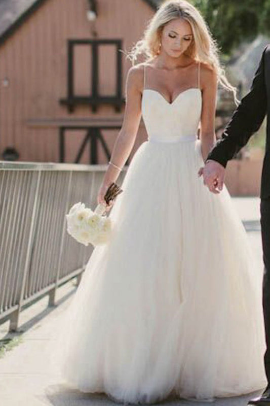 Simple Custom Long Wedding Dress with Sweetheart Neckline and Spaghetti Straps, WD23022812