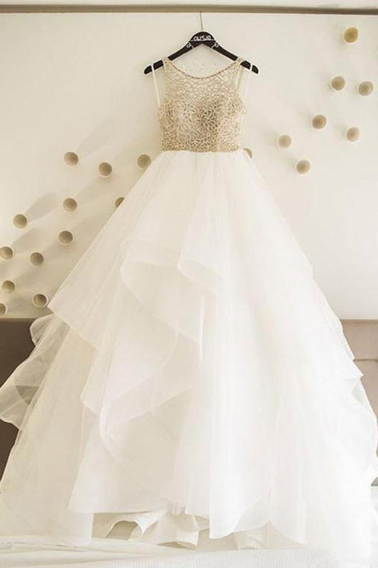 White Tulle A-line Wedding Dress with Floor-Length Hemline, WD230223109