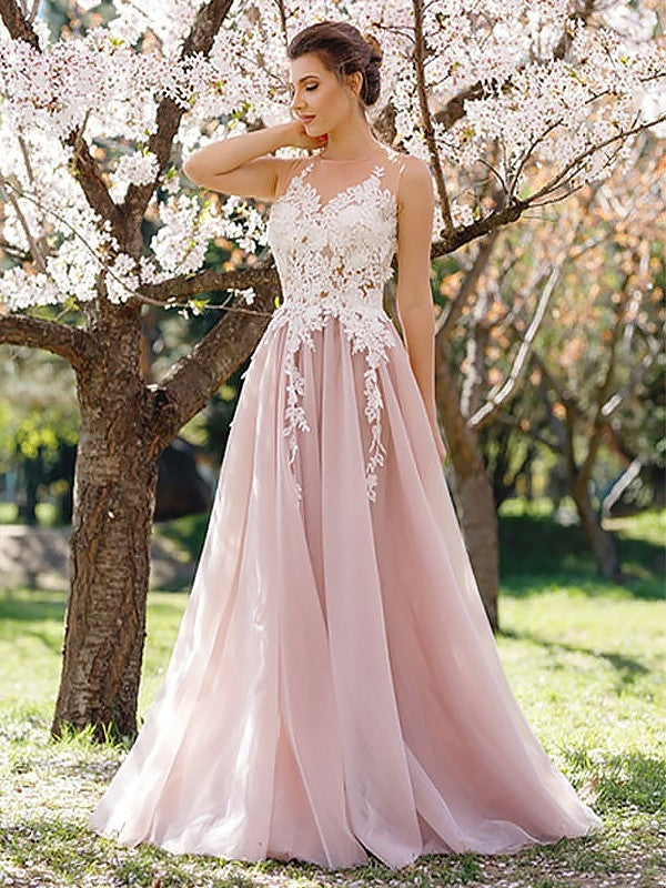 Blushing Pink A-line Chiffon Applique Prom Dress, PD2303139
