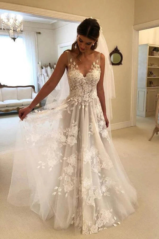 Lace V-Neck A-Line Wedding Dress with Tulle and Appliques, WD230226104