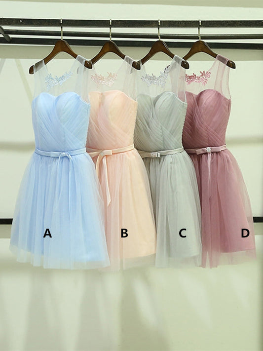 A-Line Round Neck Short Light Blue Prom Dresses, Short Graduation Dresses, Homecoming Dresses, Short Bridesmaid Dresses, BD2303126