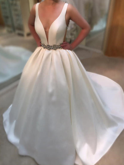 Elegant Deep V-Neck Backless White Wedding Dress | JLDressCA Elegant Deep V-Neck Backless White Wedding Dress | JLDressCA