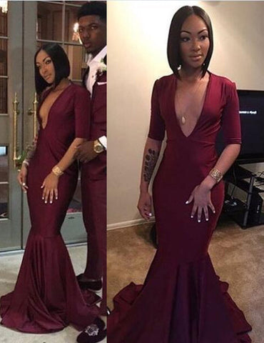 Burgundy Sexy V-neck Mermaid Prom Dress with Open, PD23031319