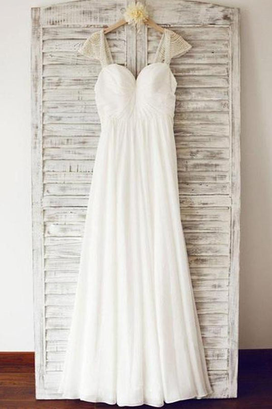 Chiffon Beach Wedding Dress with Cap Sleeves and Beads, WD23022393