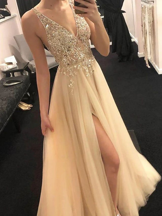 Champagne A-Line Beaded Tulle Prom Dresses with V-Neckline and Side Slit, PD23030124