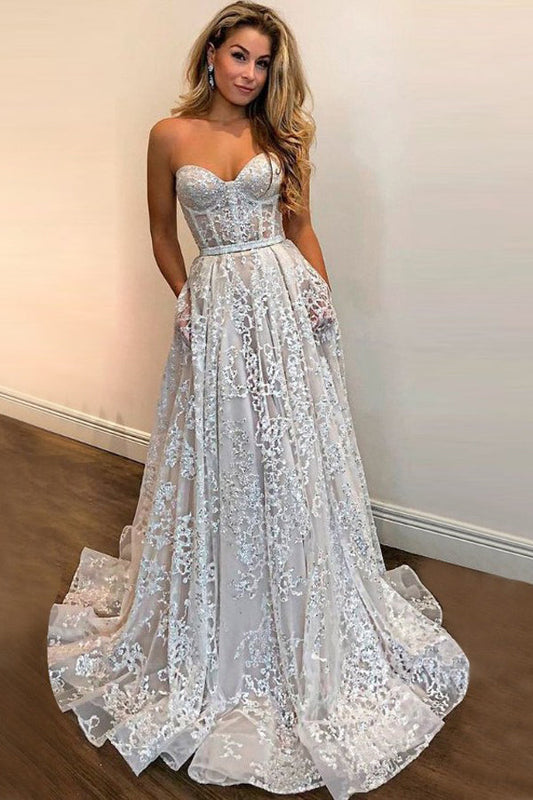 A-line Sweetheart Strapless Wedding Dress with Lace Pockets and Sequins, WD23022315