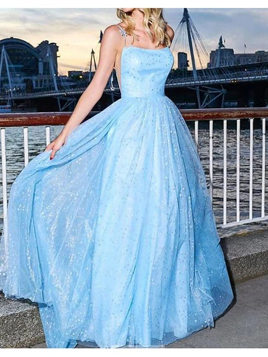 Blue A-Line Tulle Halter Long Prom Dresses, PD23030120