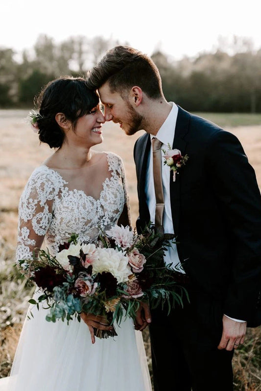 Rustic A-line Wedding Dress with Bateau Neckline and Long Lace Sleeves, WD23022384