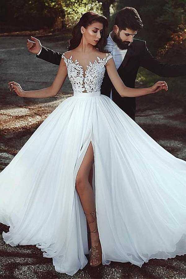 Lace Applique Chiffon A-line Bridal Gown with Slit, WD230223113