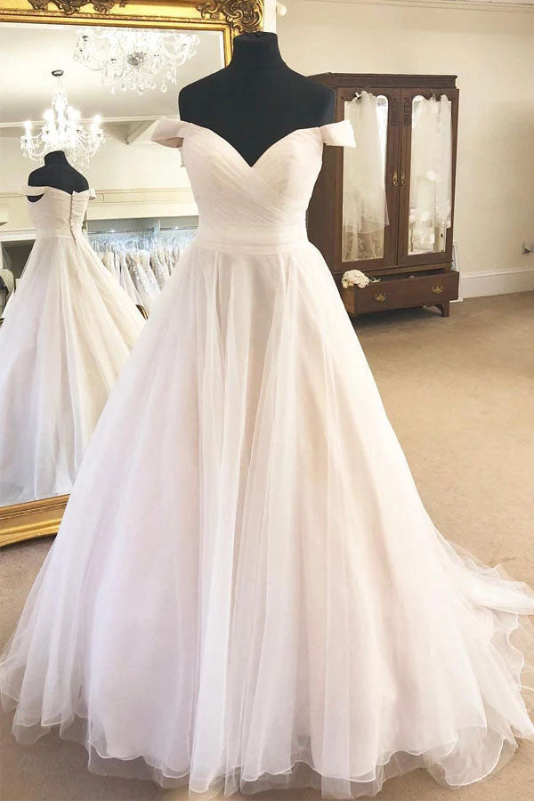 A-Line Ivory Tulle Wedding Dress with Off-the-Shoulder Neckline and Pleats, WD2304110