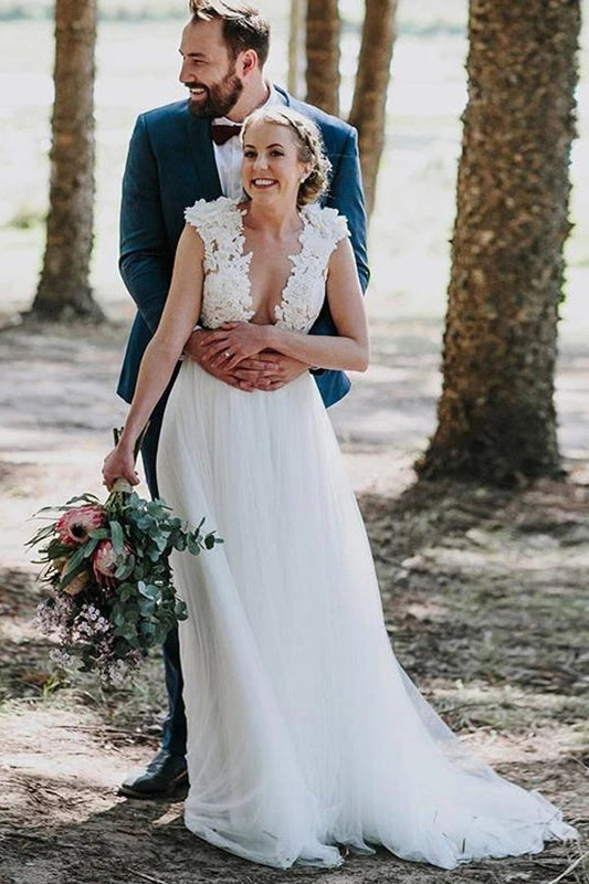 Jewel White Tulle A-line Wedding Dress with Appliques and Sweep Train, WD2302234