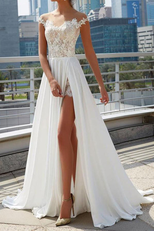 A-line Bridal Dress with See-Through Off-Shoulder Neckline and Side Slit , WD23022390