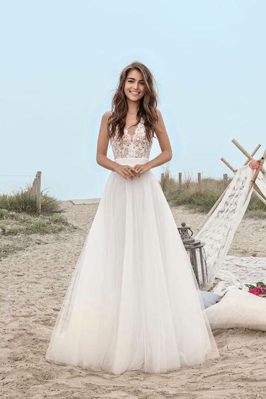 A-Line V-Neck Beach Wedding Dress with Tulle Lace and Floor-Length Skirt, WD23022363