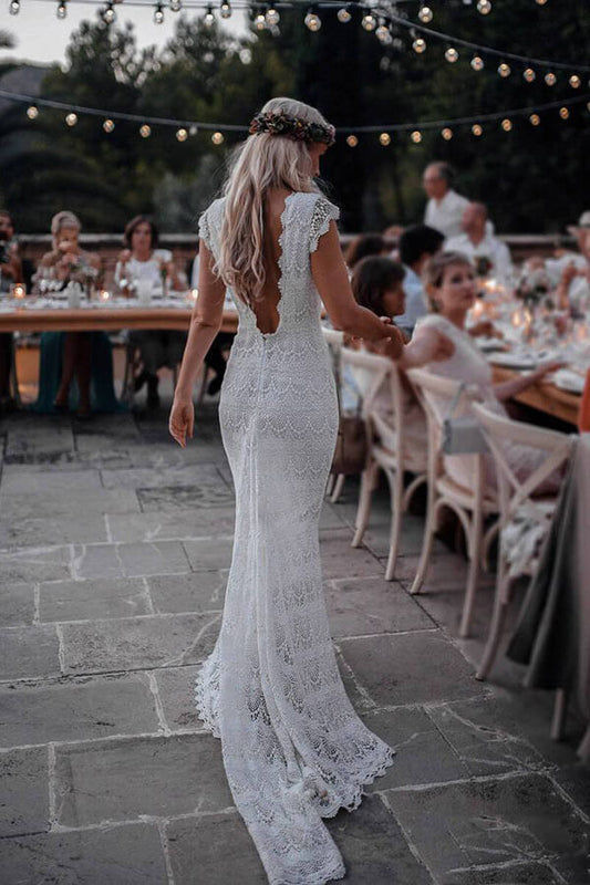Boho Mermaid Wedding Dress with Cap Sleeves and Backless Design, WD23022699