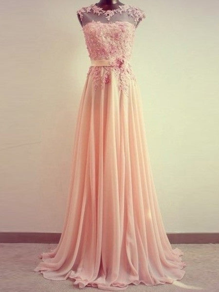 Coral Round Neckline Lace Prom Dress with Sweep Train, Formal Bridesmaid Dress, BD2303117