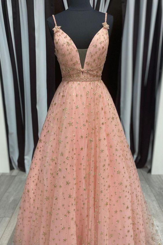 Blush and Gold Stars A-line Long Formal Dress for Graduation | JLDressCA Blush and Gold Stars A-line Long Formal Dress for Graduation | JLDressCA