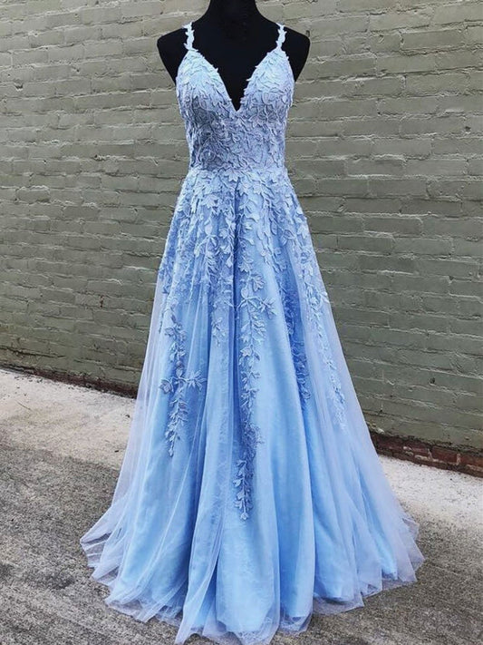 V-Neck Long Blue Lace Prom Dresses, Blue Long Lace Formal Evening Bridesmaid Dresses, BD23031216