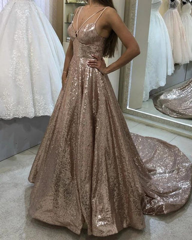 Champagne Sweetheart Halter Sequence A-Line Prom Dress, PD2303318