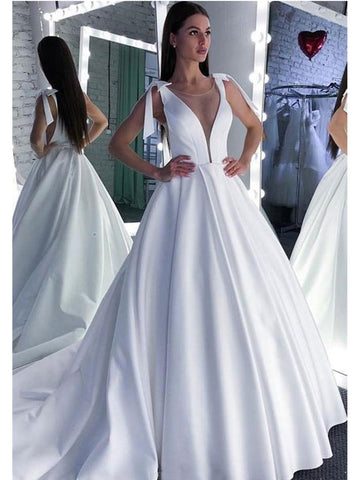 White Round Neck Wedding Dress with Train, WD23022612