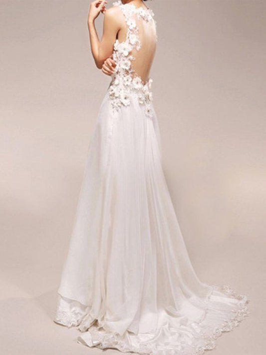 Long A Line V-Neck Wedding Dress with Court Train, WD2302267