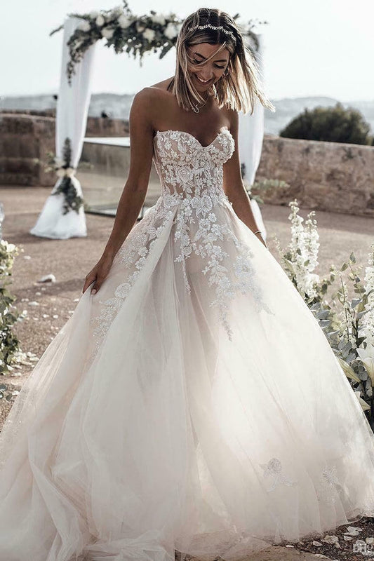 Tulle A-line Wedding Dress with Sweetheart Neckline and Lace Appliques , WD230223104