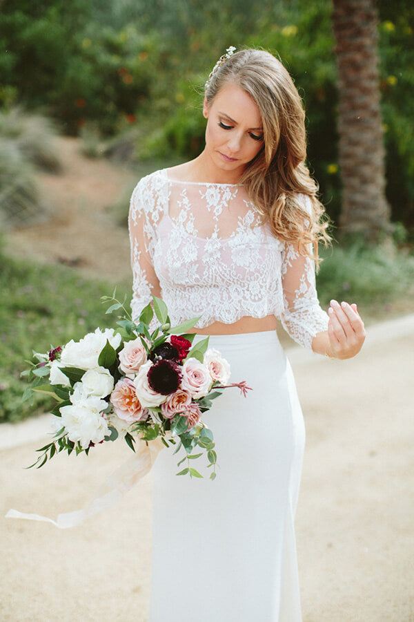 wedding dress with lace top and chiffon skirt Flowy Boho Lace Two Piece Mermaid Chiffon Skirt Wedding Dress