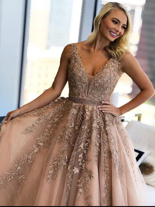 Classy A-Line Champagne Lace Dress with V-Neck, Suitable for Proms, Formal Events, Graduations, and Weddings, WD23022429
