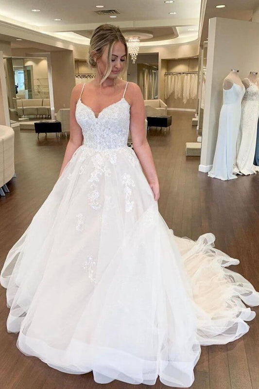 Tulle Sweetheart Wedding Gown with Lace Spaghetti Straps and Court Train, WD2302249