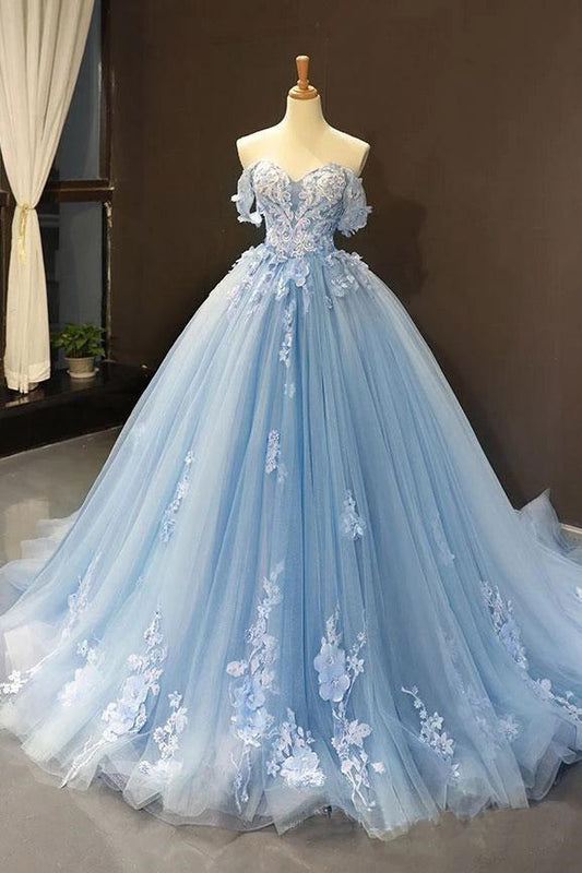 Off Shoulder Tulle Ball Gown - Light Sky Blue Prom Dress, PD23022227