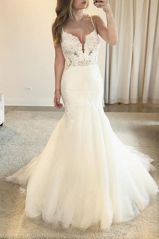 Mermaid Lace Wedding Dress with V-neckline, Spaghetti Straps, Open Back, and Train , WD23022383