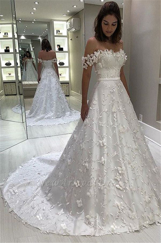 A-line Lace Bridal Dress with Off-Shoulder Neckline and Long Sleeves, WD23022391