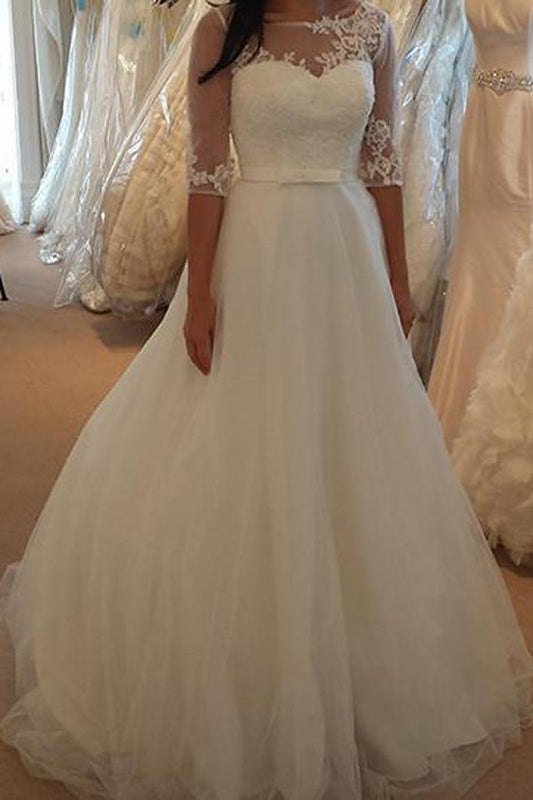 Scoop Neckline A-line Tulle Wedding Dress with Sweep Train, WD230223101