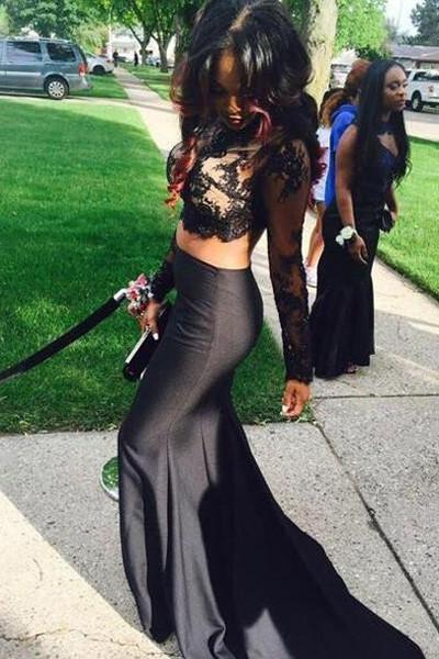 Black Two Piece Mermaid Lace Prom Dress, PD2302222