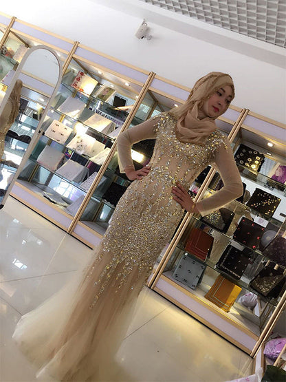 Champagne Sheath Prom Dress with Long Sleeves, Rhinestone Detail, and Sheer Accents, PD2303159