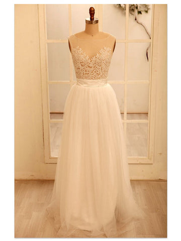 A Line Ivory Round Neck Wedding Dress with Lace, WD23022619