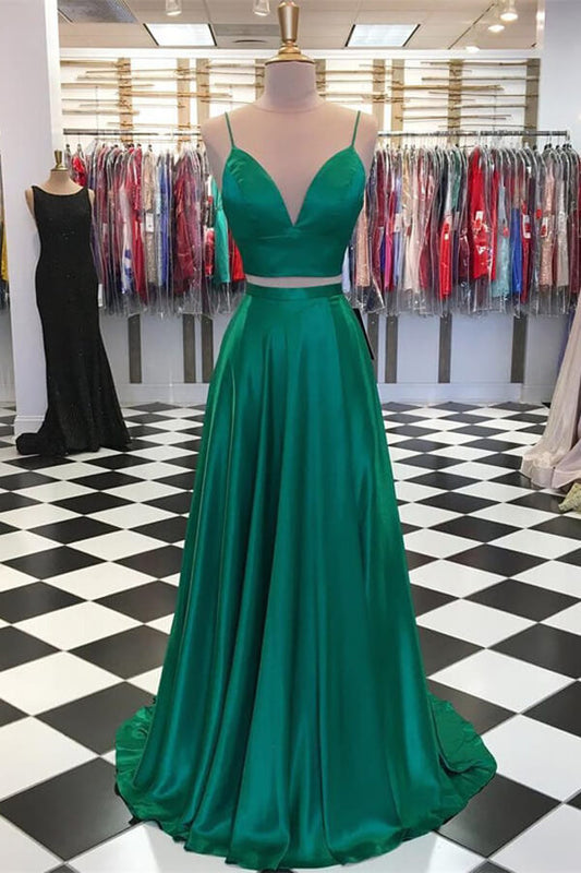 Simple Two-Piece Satin A-Line Prom Dress, PD23030214