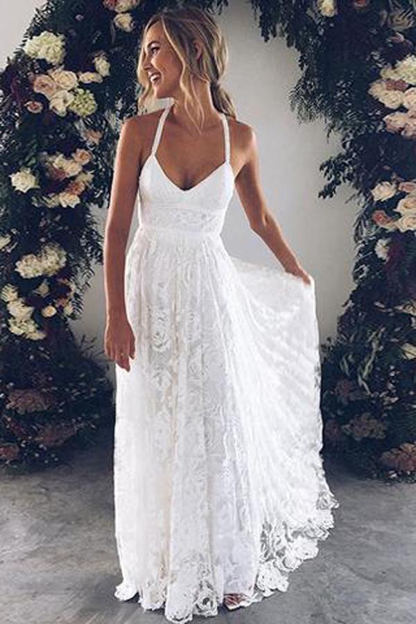 Ivory Lace Wedding Dress with V-neckline and Floor-Length Hemline , WD23022374