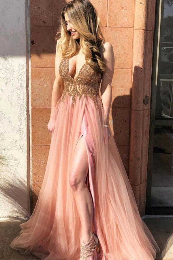 Peach Beaded V-Neck Tulle A-Line Prom Dress, PD23033114