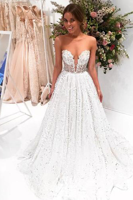 Sparkly Bateau A-line Wedding Dress with Long Lace Sleeves and Sweep Train, WD230223103