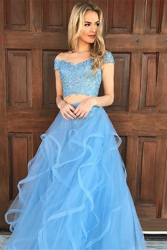 Sky Blue Tulle Two-Piece Off-the-Shoulder Prom Dress with Appliques, PD2303044