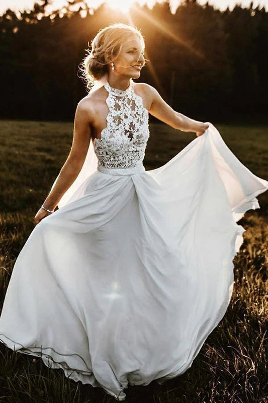 Lace Halter Chiffon A-line Beach Wedding Dress, WD230223115
