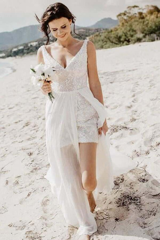 A-line V-Neck Beach Bridal Gown with Detachable Train, WD23022317