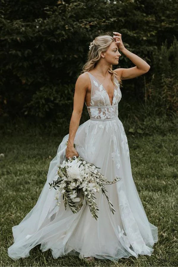 Sheer Tulle V-Neck Ivory Lace Beach Wedding Dress, WD23041115