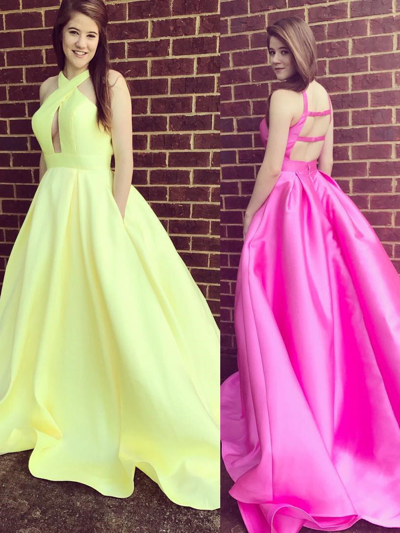 Light Yellow Satin A-Line Prom Dress with Hollow-Out Back, Halter Neckline, and High Slit, PD23031513