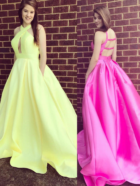 Light Yellow Satin A-Line Prom Dress with Hollow-Out Back, Halter Neckline, and High Slit, PD23031513